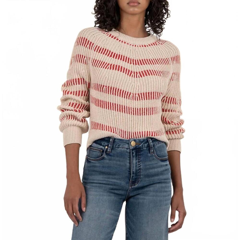 NEW KUT FROM THE KLOTH reagen stripe crewneck sweater in taupe - Picture 3 of 5